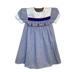 PRINCESS ANNE Blue Sailor Dress Size 6 Vintage 90s Sailboat Embroidered